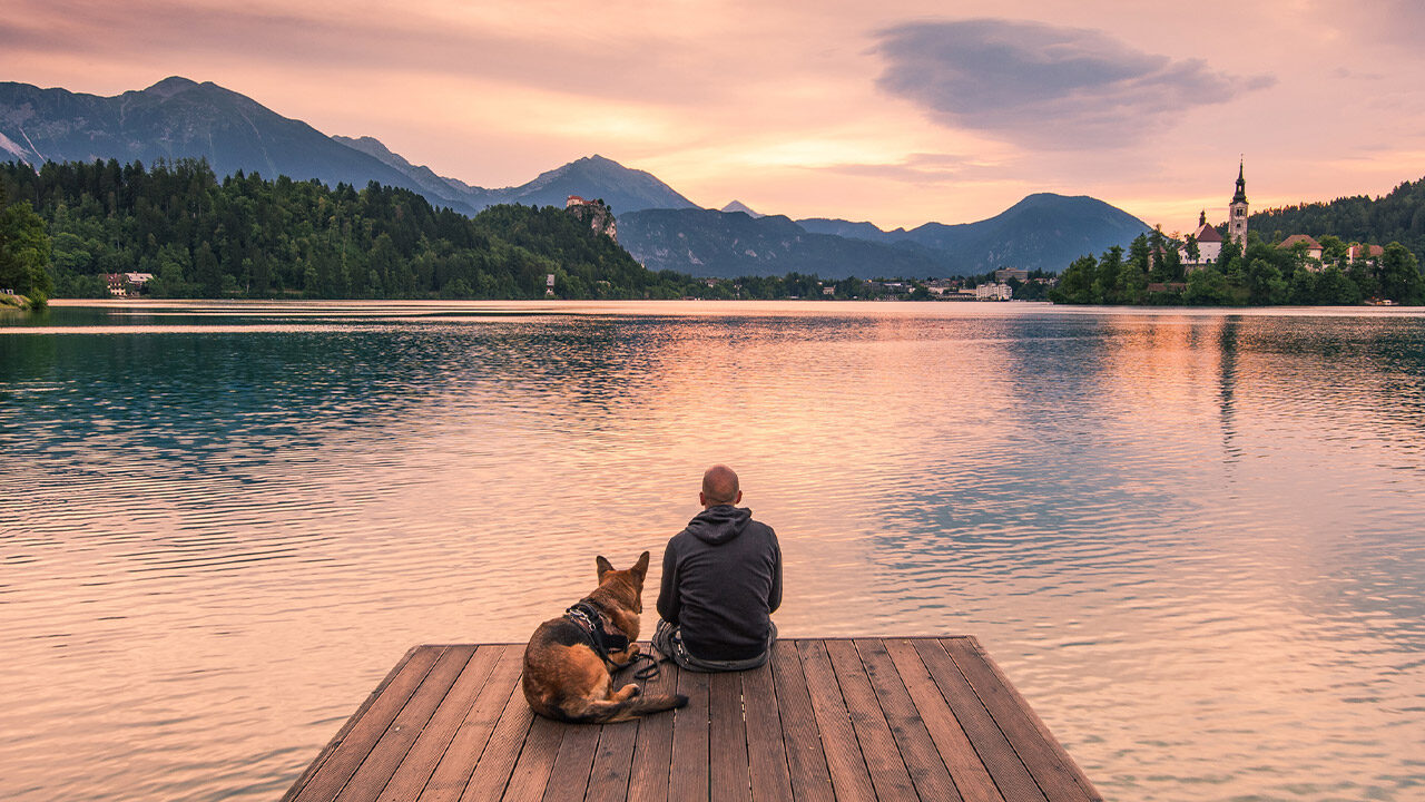 Man sitting on dock with dog